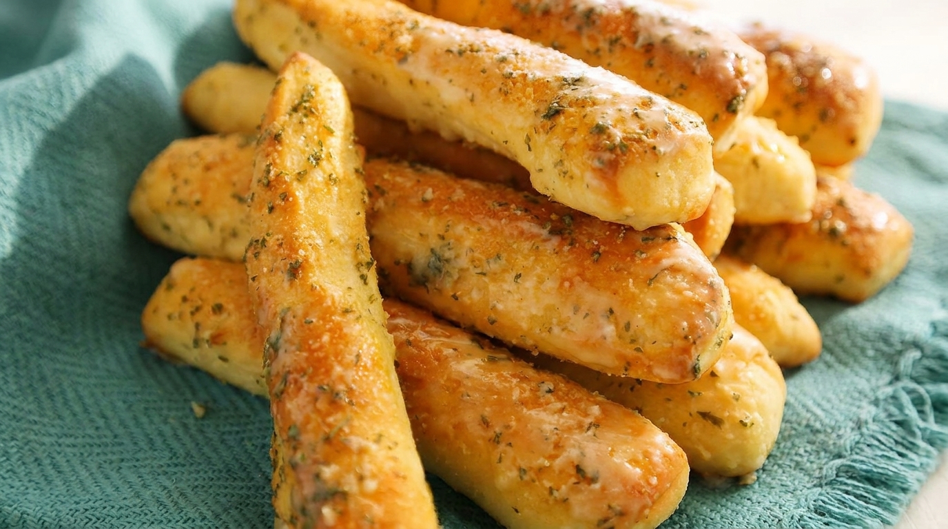 Golden-brown garlic breadsticks, glistening with butter and herbs, piled on a teal napkin.