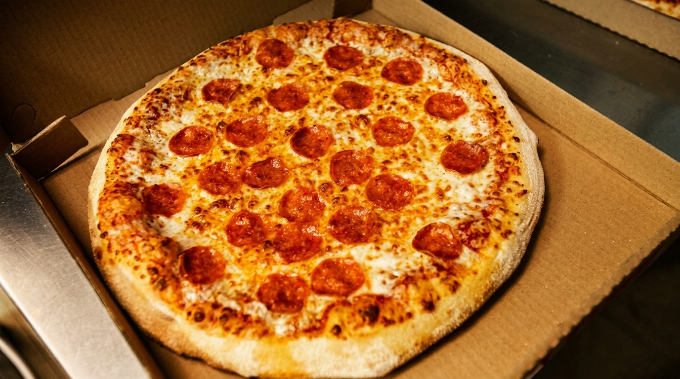 A freshly baked pepperoni pizza with melted cheese sits in an open cardboard delivery box.