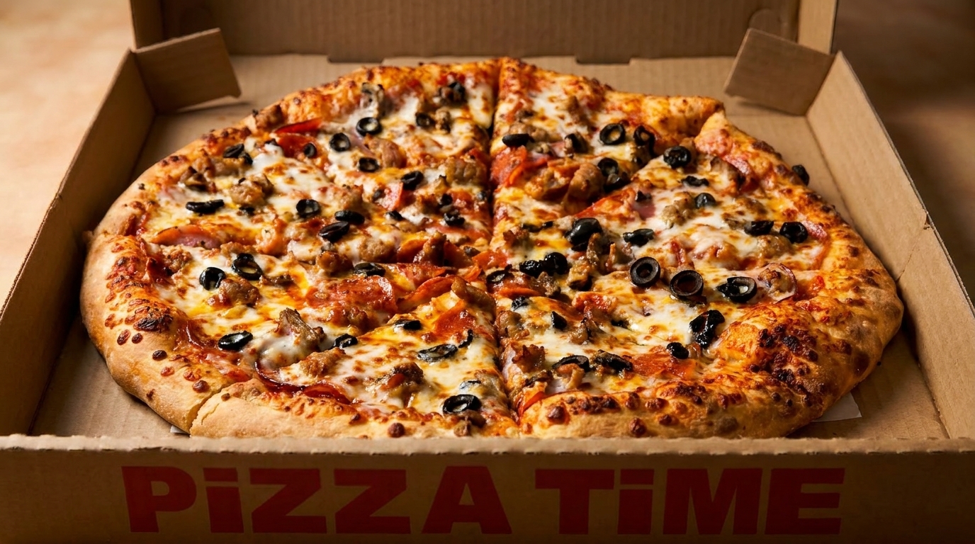 A freshly baked pizza with pepperoni, sausage, and black olives in a "Pizza Time" box.