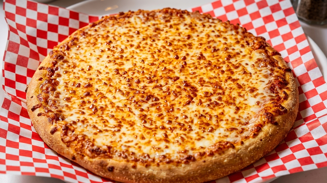 A freshly baked cheese pizza with a golden crust sits on red and white checkered paper.