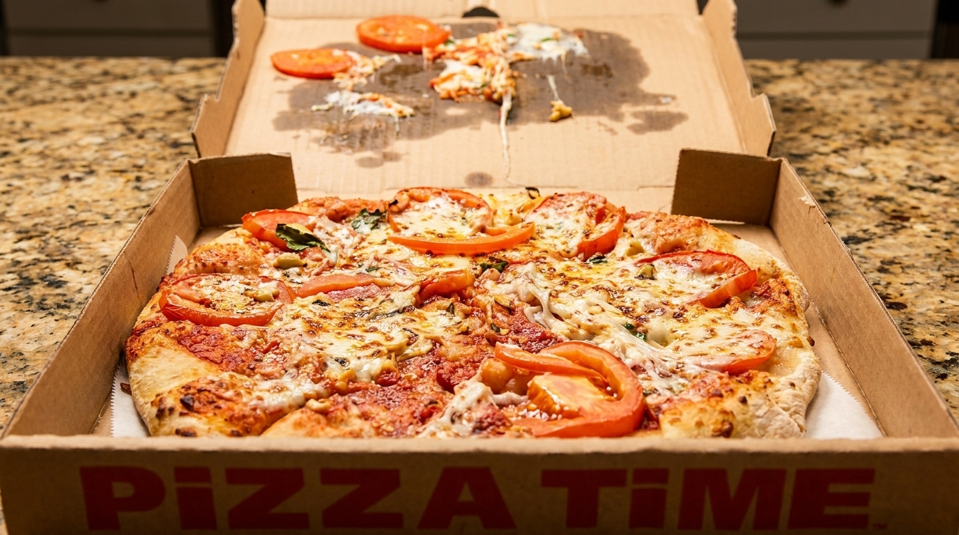 A fresh pizza with tomatoes and cheese in a "Pizza Time" box on a granite countertop.