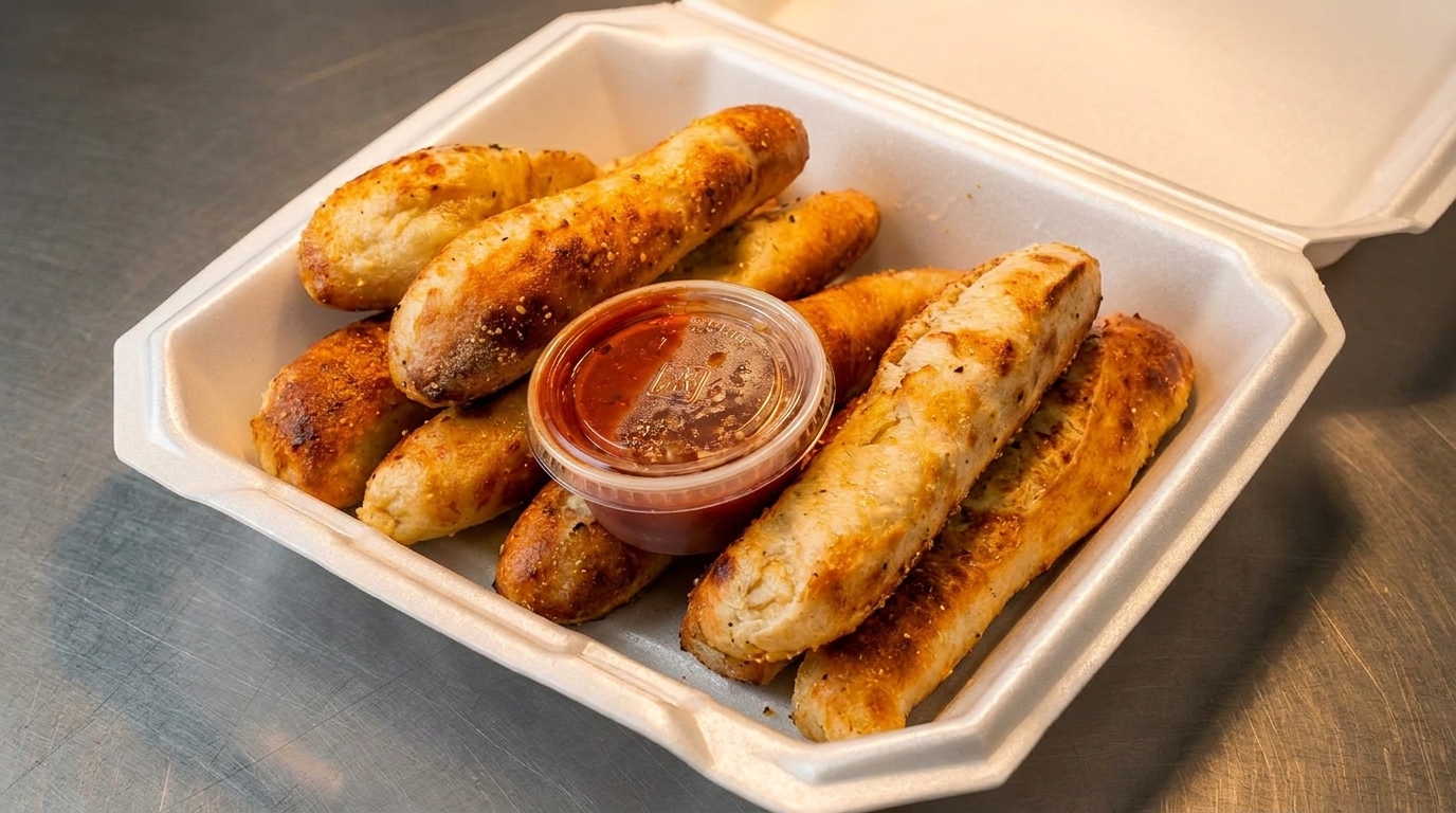 Golden-brown breadsticks with seasoning and a side of marinara sauce in a white takeout container.