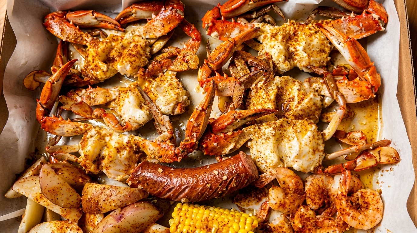 A seafood boil with seasoned crab, shrimp, sausage, corn on the cob, and potatoes in a box.