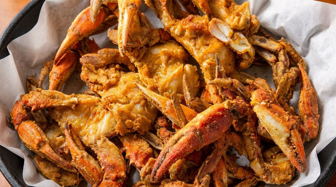 Close-up of a platter of crispy fried soft-shell crabs, served on white parchment paper.