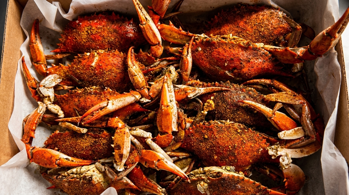 Close-up of a box filled with steamed blue crabs seasoned with Old Bay, ready to eat.