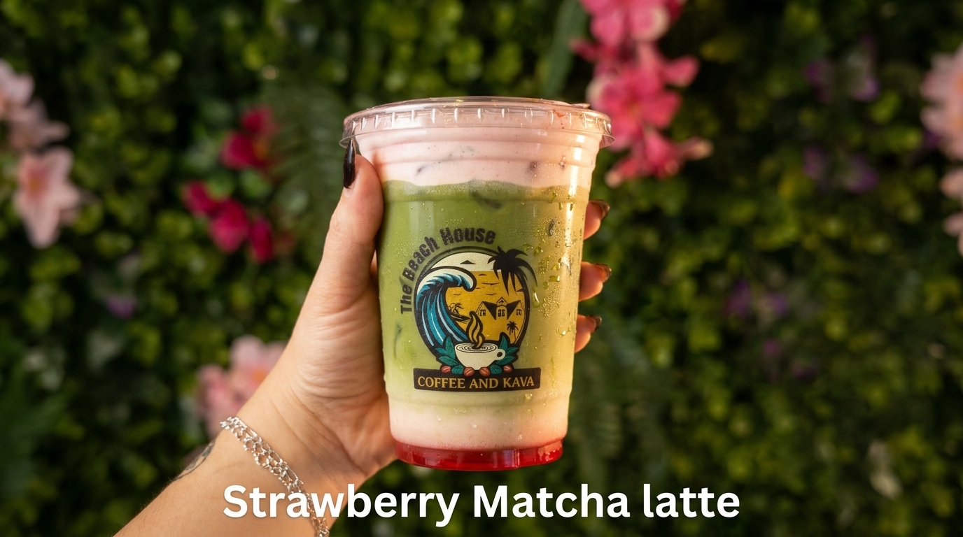 Strawberry matcha latte from Beach House Coffee and Kava