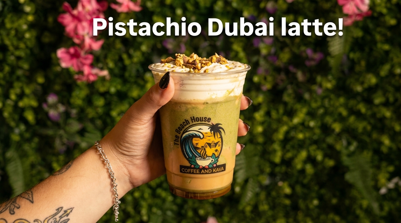 Pistachio Dubai latte from Beach House Coffee and Kava