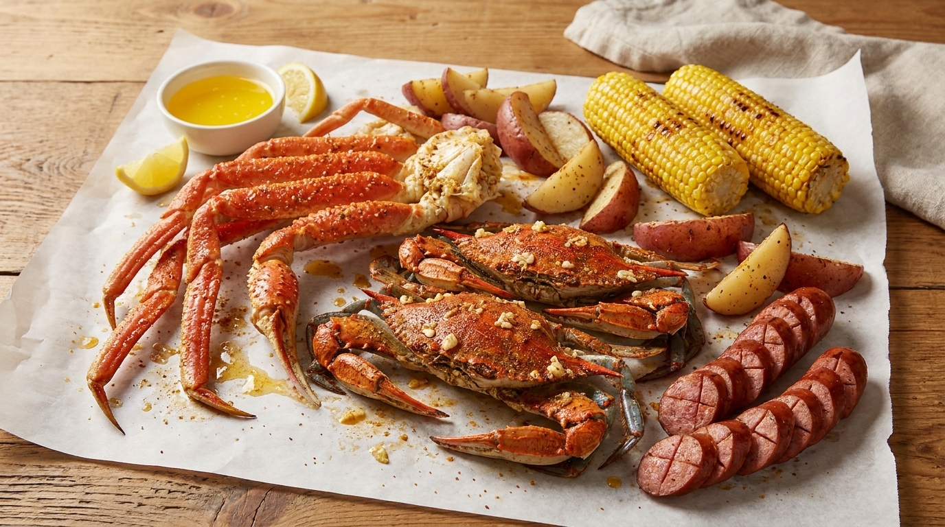 A seafood boil with snow crab legs, blue crabs, corn, potatoes, sausage, and melted butter.