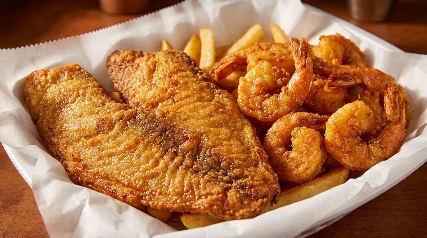 Golden-fried fish fillet and shrimp with french fries in a white paper-lined basket.
