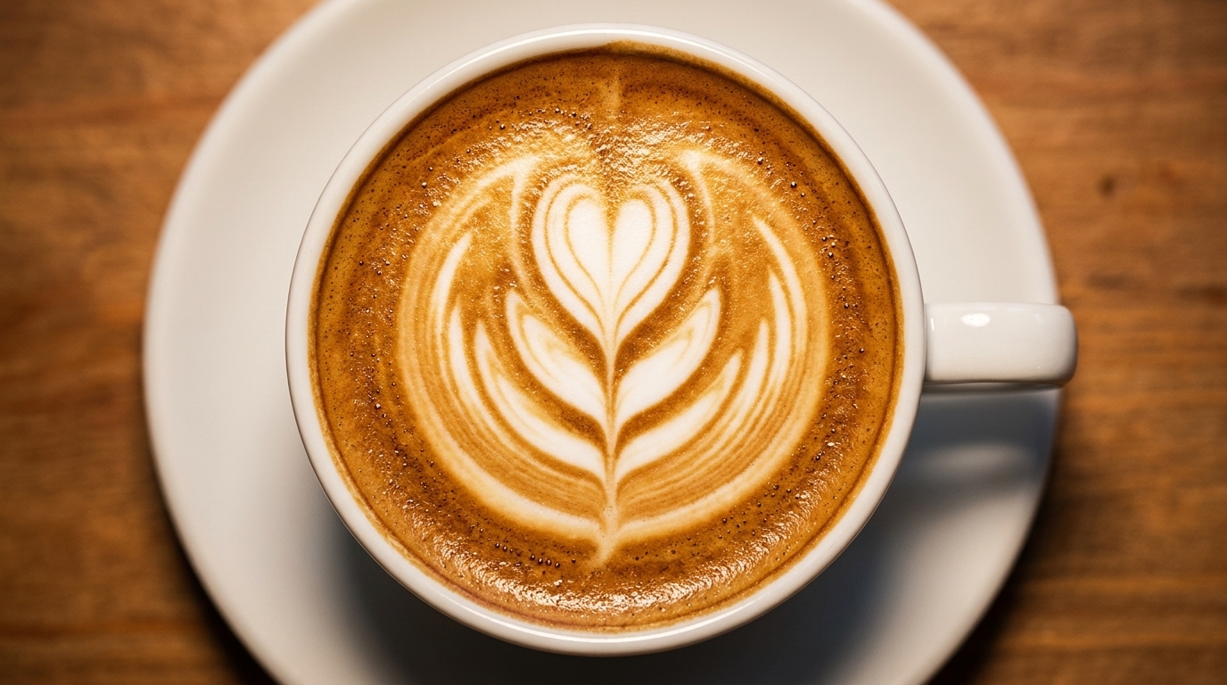 Latte art with heart and leaf design