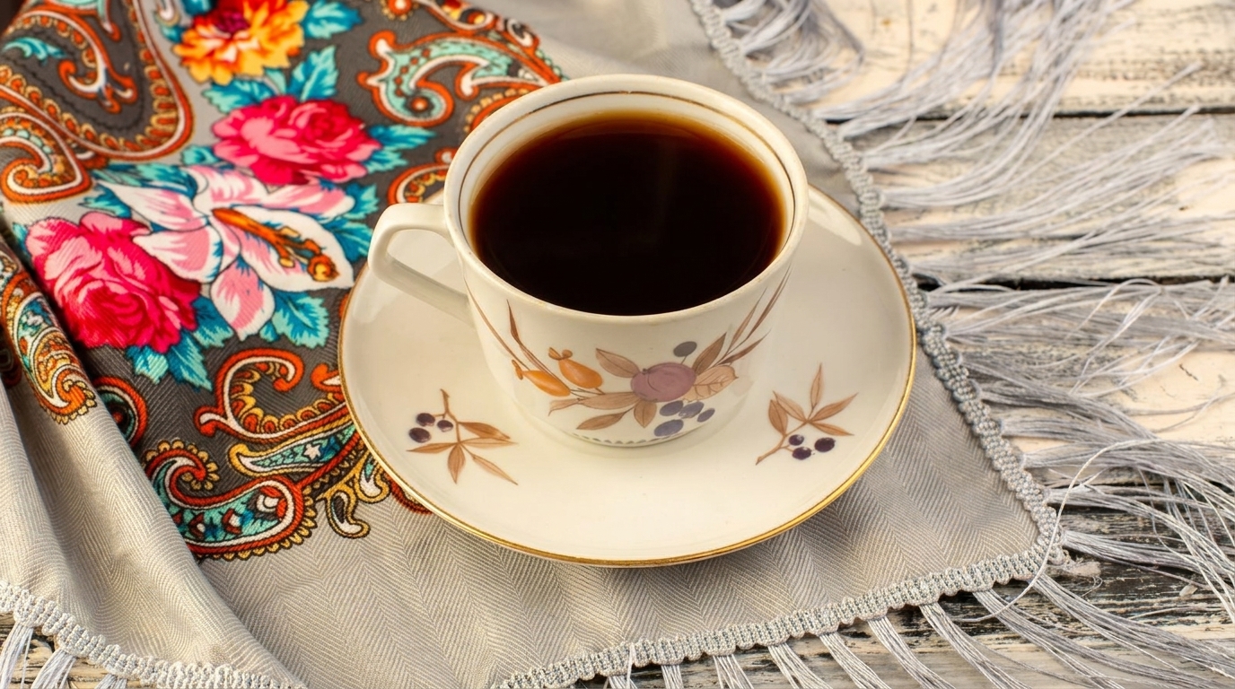 Dark coffee on a floral saucer