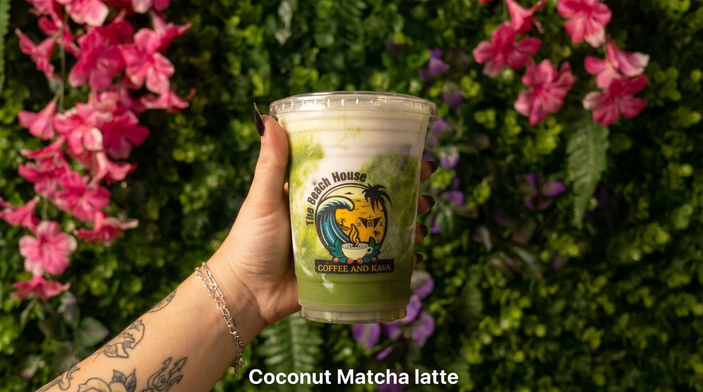 Coconut matcha latte from Beach House Coffee and Kava