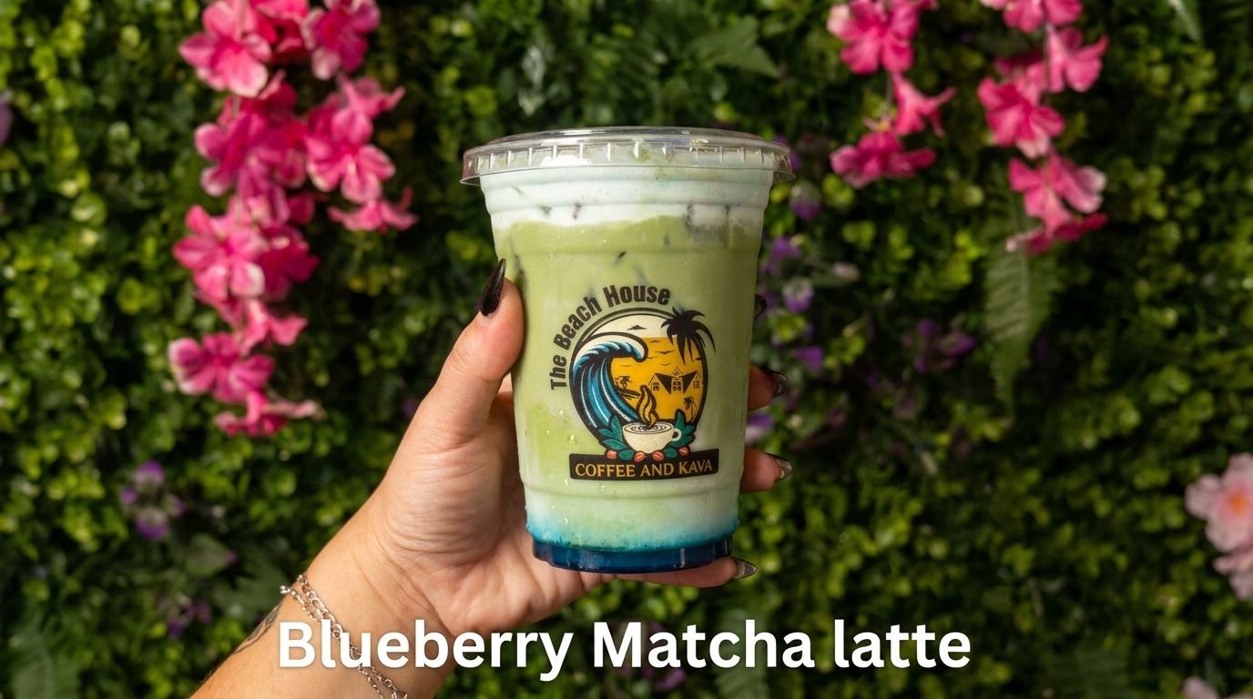 Blueberry matcha latte from Beach House Coffee and Kava
