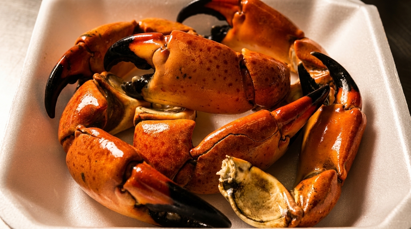 Bright orange stone crab claws with black tips, served in a white takeout container.
