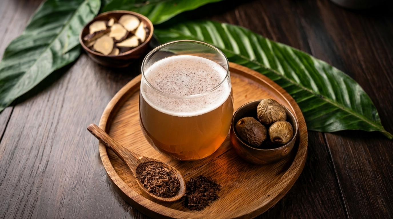 Kava drink with spices and nuts on a wooden tray