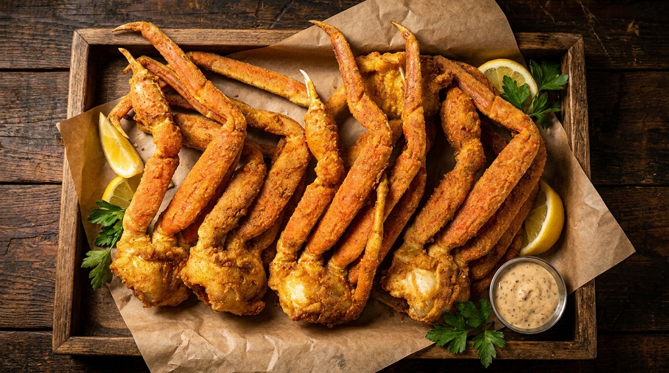Fried crab legs with lemon wedges, parsley, and a dipping sauce in a wooden tray.