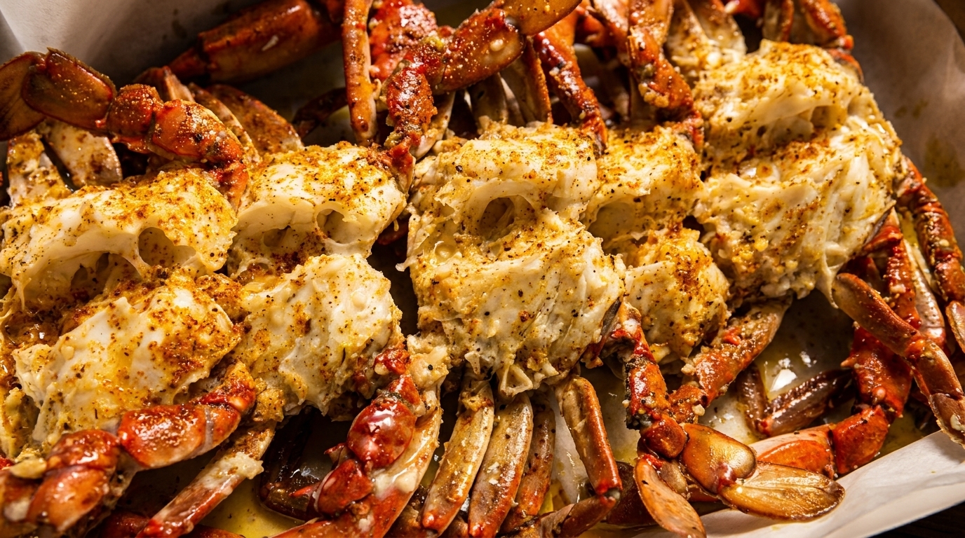 Close-up of seasoned crab legs and claws with white meat, ready to eat.