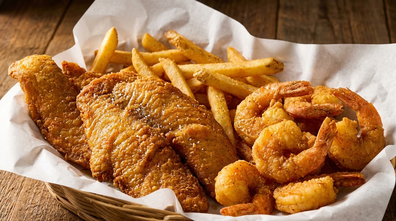 Crispy fried fish fillets, shrimp, and french fries in a basket with white paper lining.