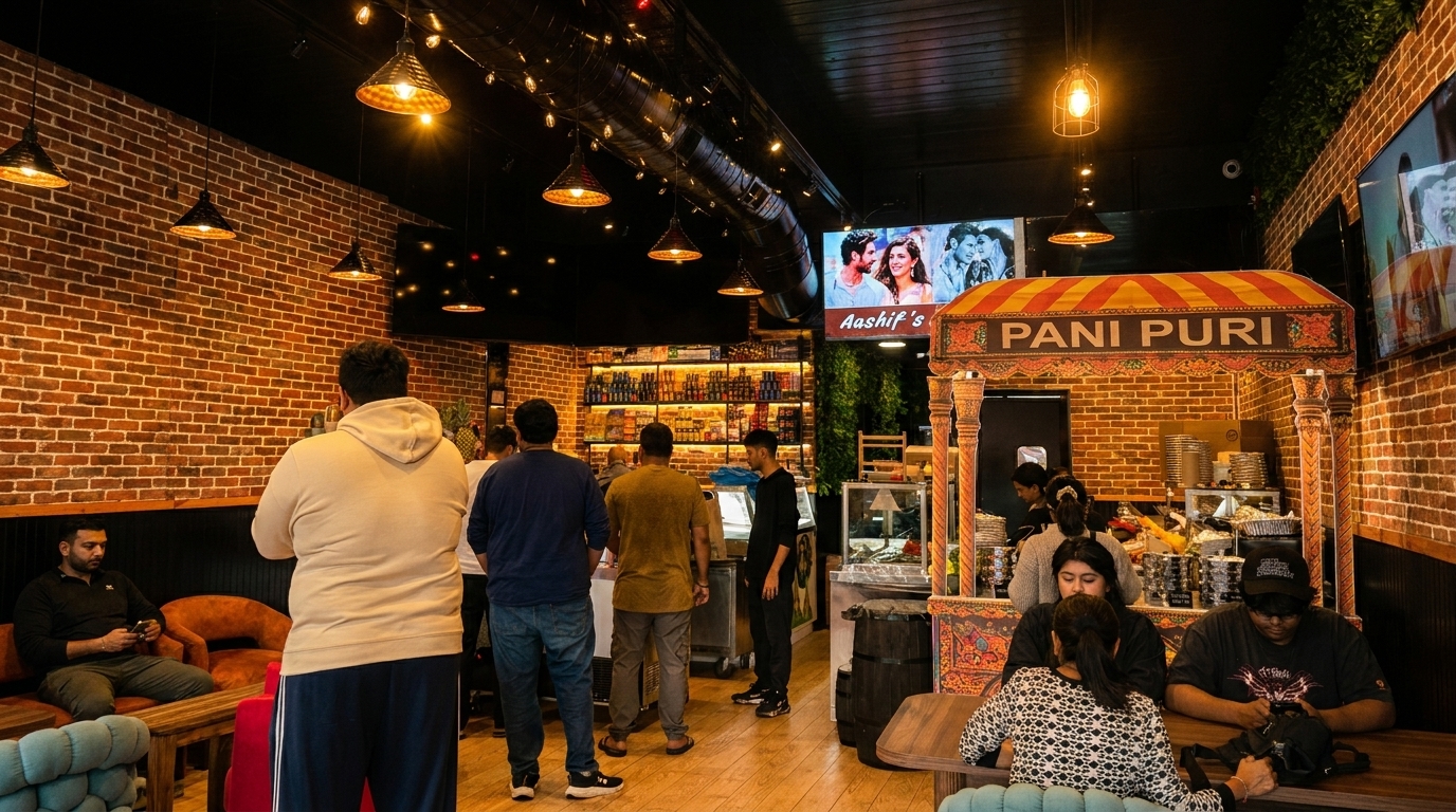 Diners and staff inside Aashif's restaurant, featuring a Pani Puri stall and brick walls.