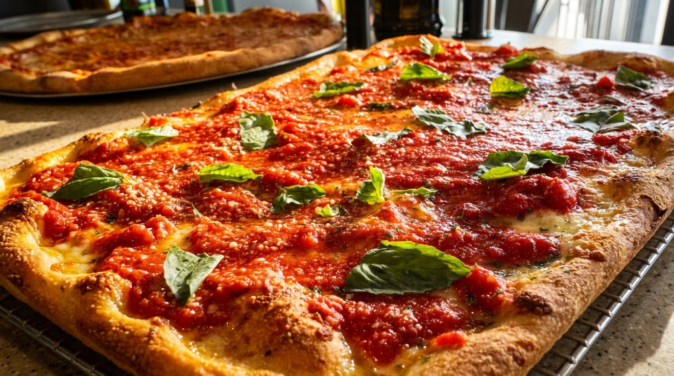 Two rectangular pizzas, one in focus with rich red sauce, fresh basil, and melted cheese.