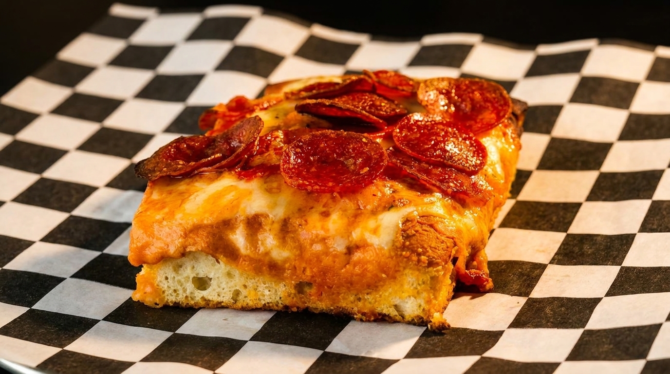 Thick-crust pepperoni pizza slice on black and white checkered paper, showcasing melted cheese and crispy edges.