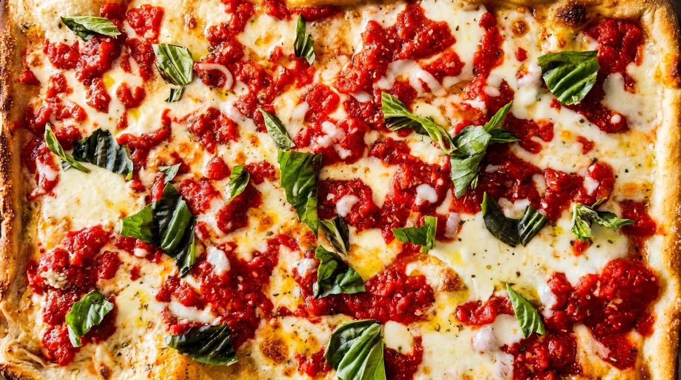 Close-up of a rectangular pizza with melted mozzarella, dollops of red sauce, and fresh basil leaves.