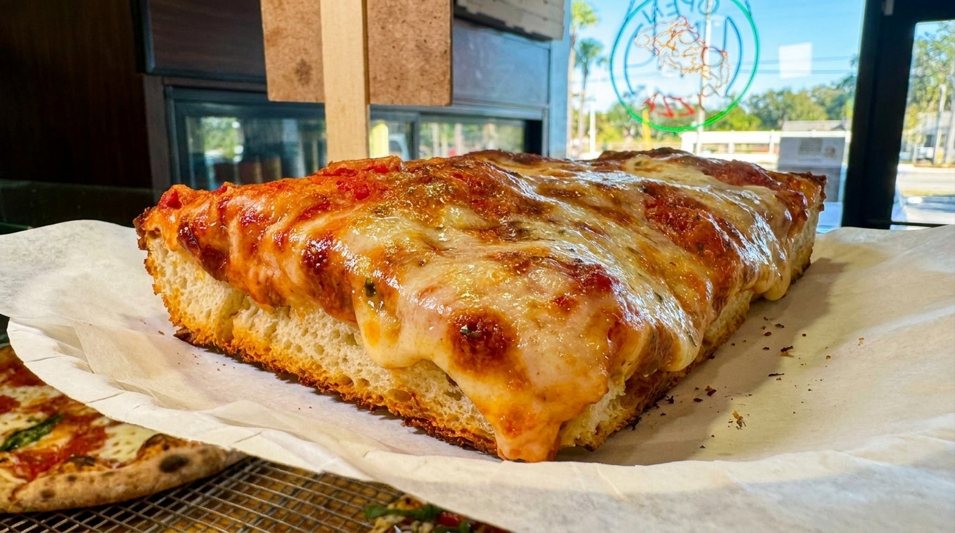 Thick-crust Sicilian pizza slice with melted cheese and tomato sauce on parchment paper.