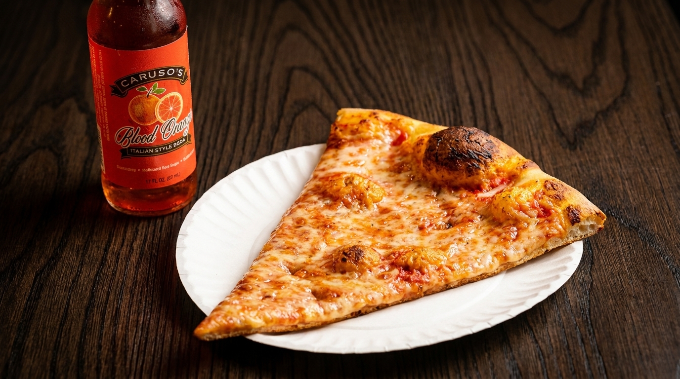 A slice of cheese pizza on a white paper plate next to a bottle of Caruso's Blood Orange soda.