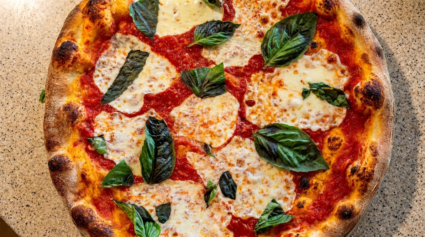 A close-up, top-down view of a freshly baked Margherita pizza with basil leaves.
