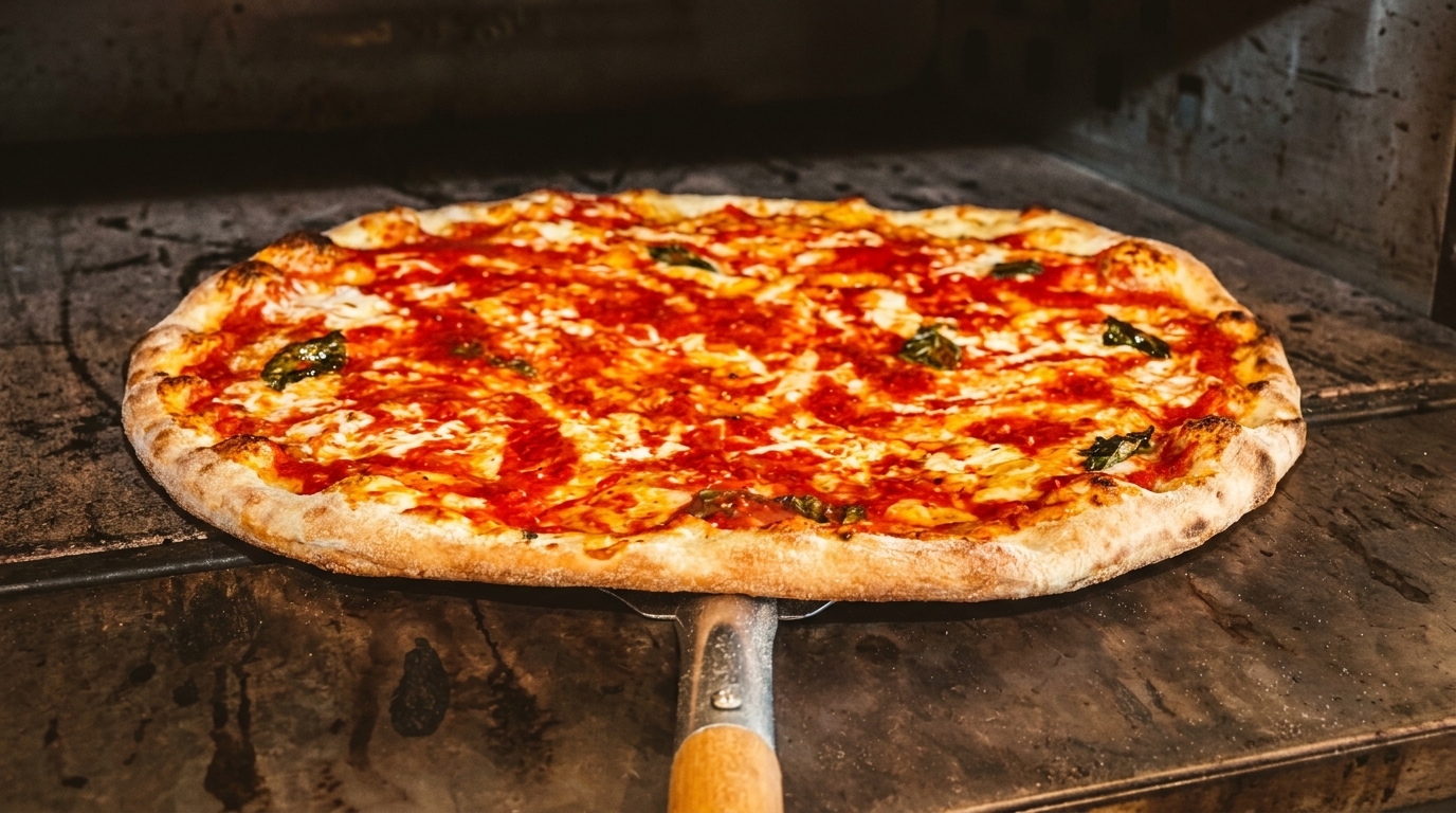 Freshly baked Margherita pizza with basil and mozzarella, being removed from a hot oven.