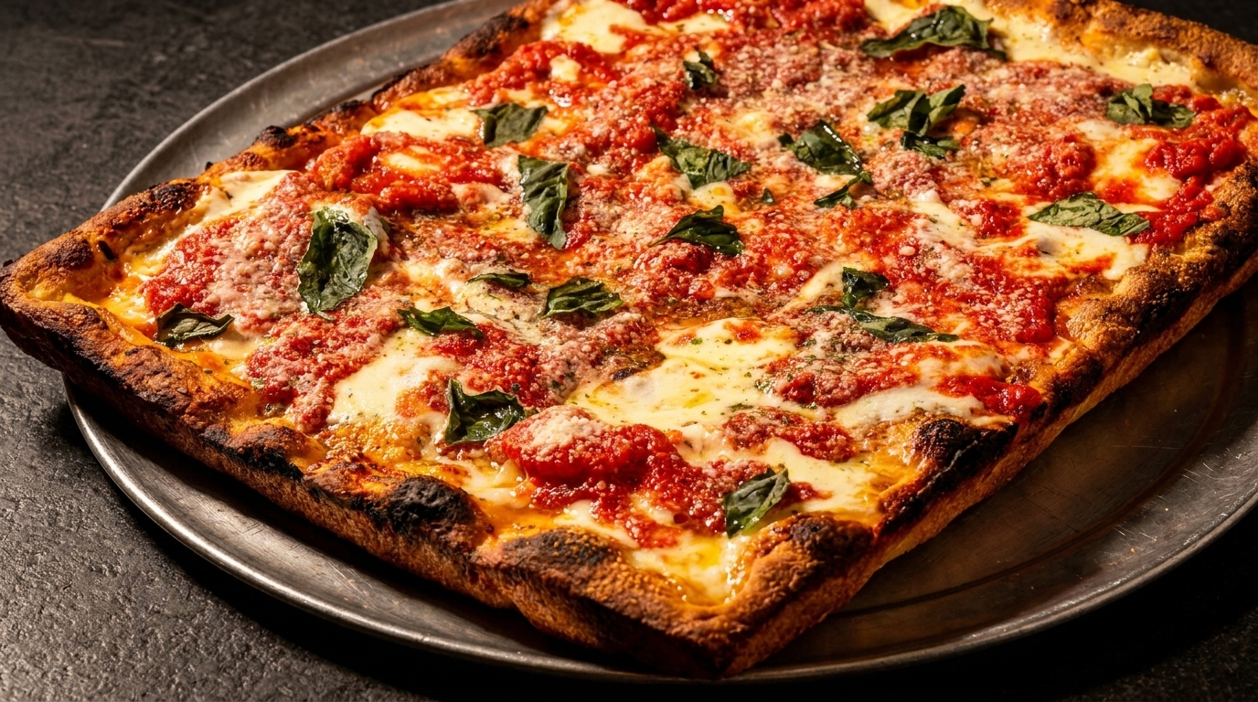 Rectangular Detroit-style pizza with melted cheese, red sauce, fresh basil, and a thick, crispy crust.