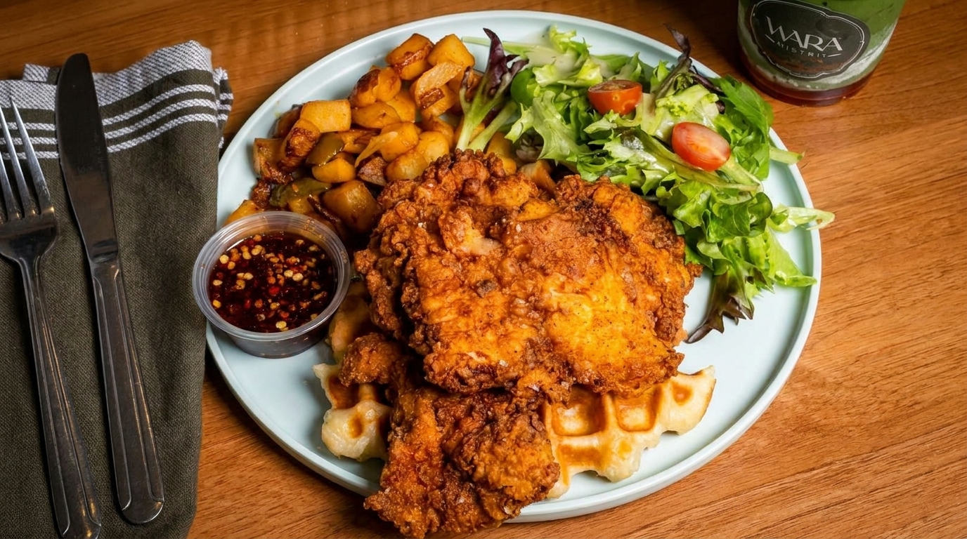 Crispy fried chicken and waffles with a side of roasted potatoes, salad, and chili oil.
