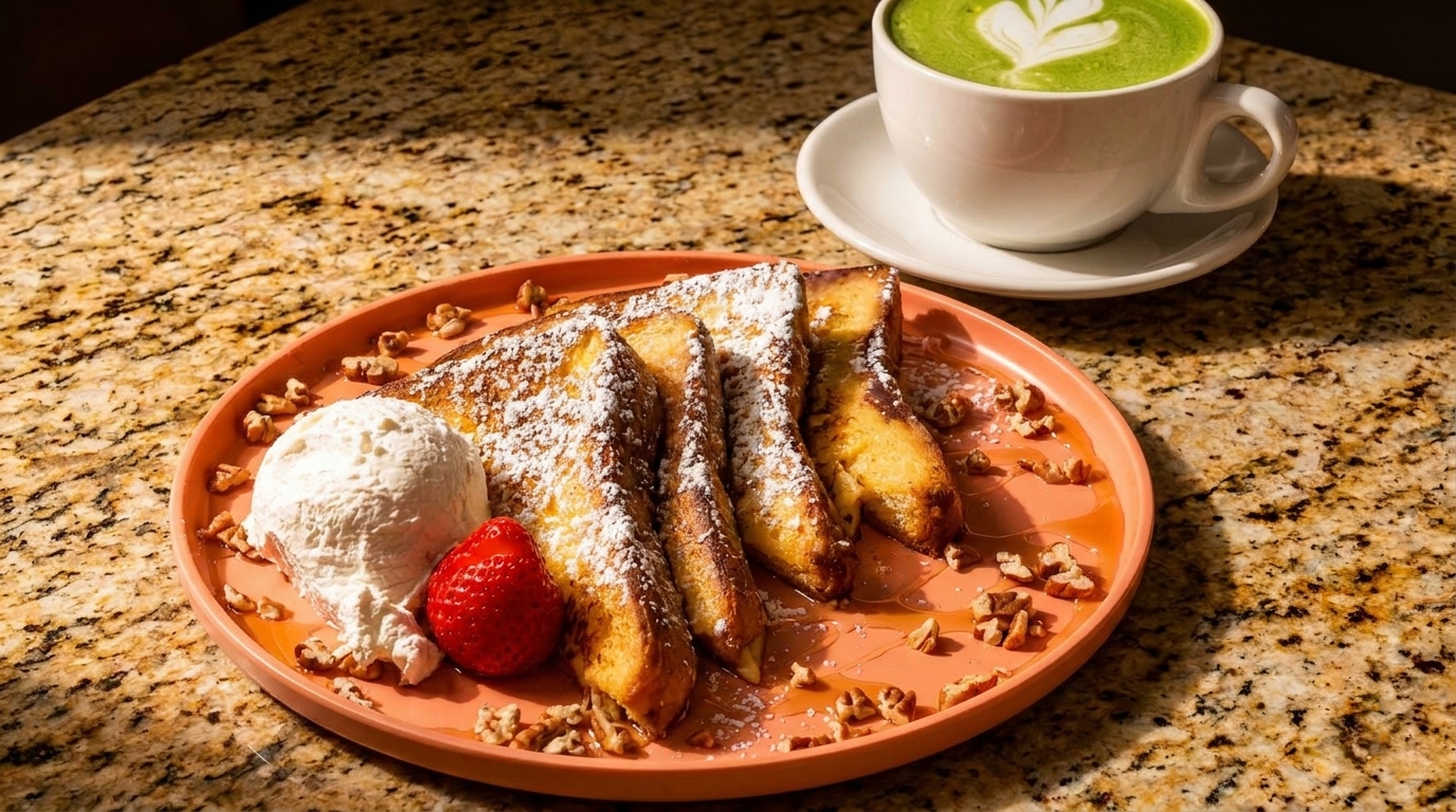 French toast with powdered sugar, whipped cream, strawberry, walnuts, and a matcha latte.