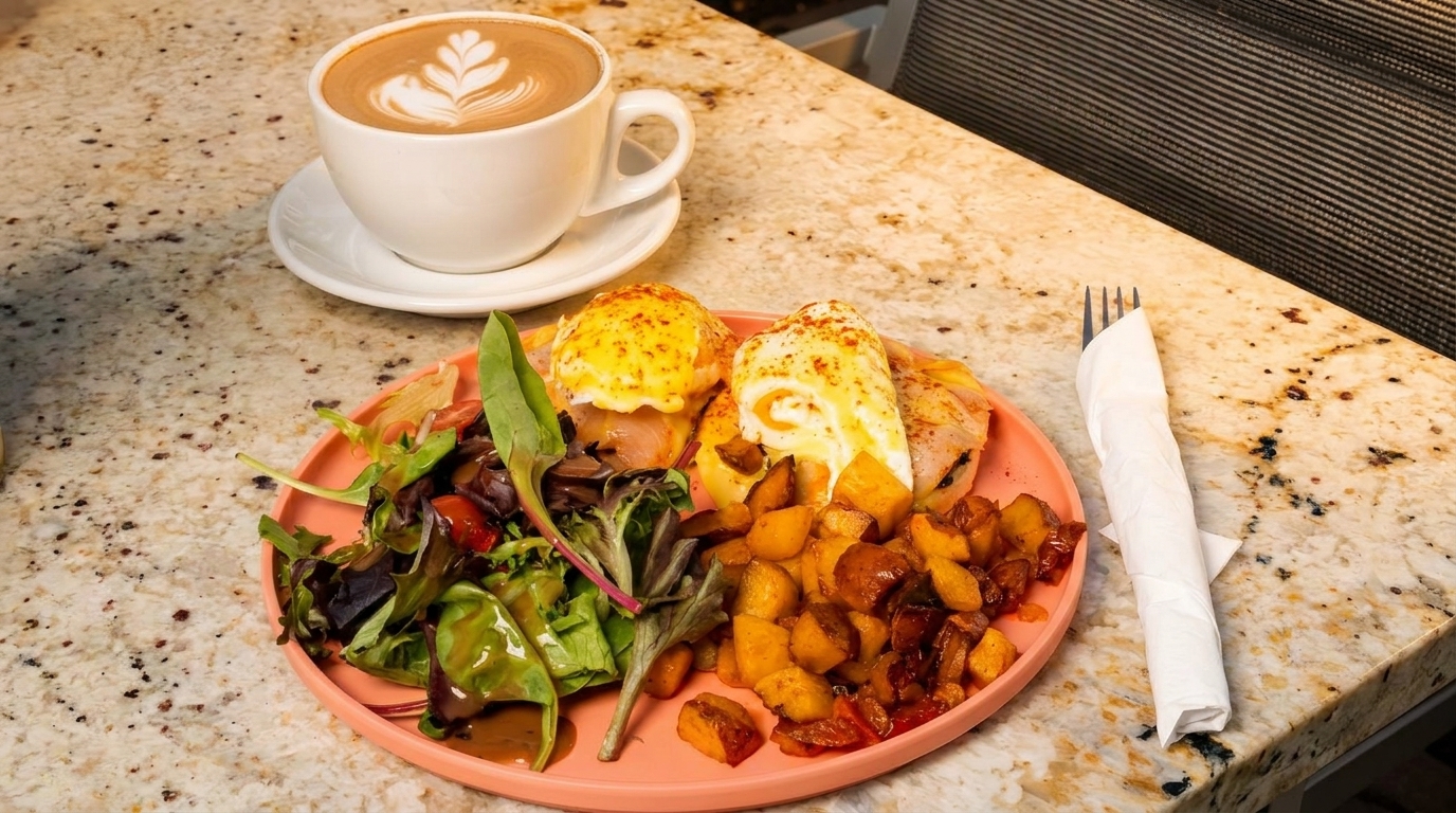 Eggs Benedict with roasted potatoes, a side salad, and a latte on a granite countertop.