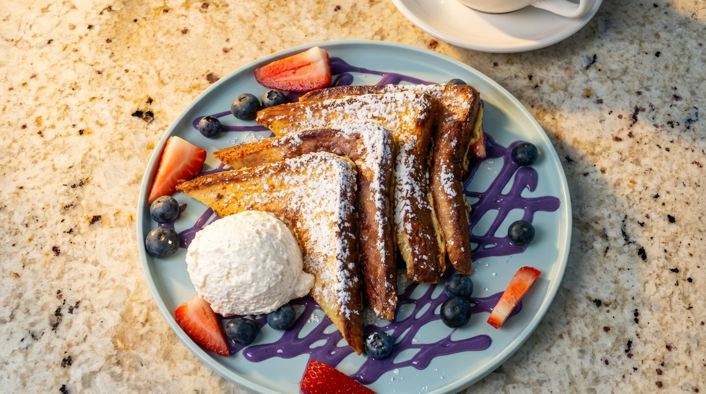 French toast with powdered sugar, berries, purple drizzle, and whipped cream on a light blue plate.