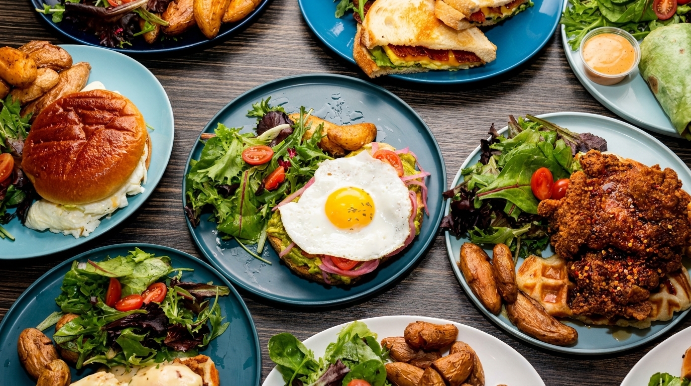 Assortment of brunch dishes including sandwiches, avocado toast with egg, and chicken and waffles.