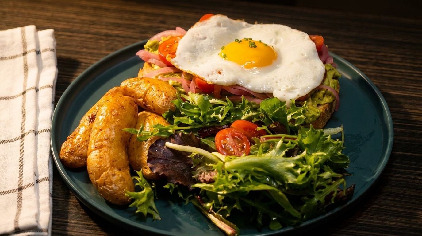 Avocado toast with a fried egg, roasted potatoes, and a side salad on a dark plate.