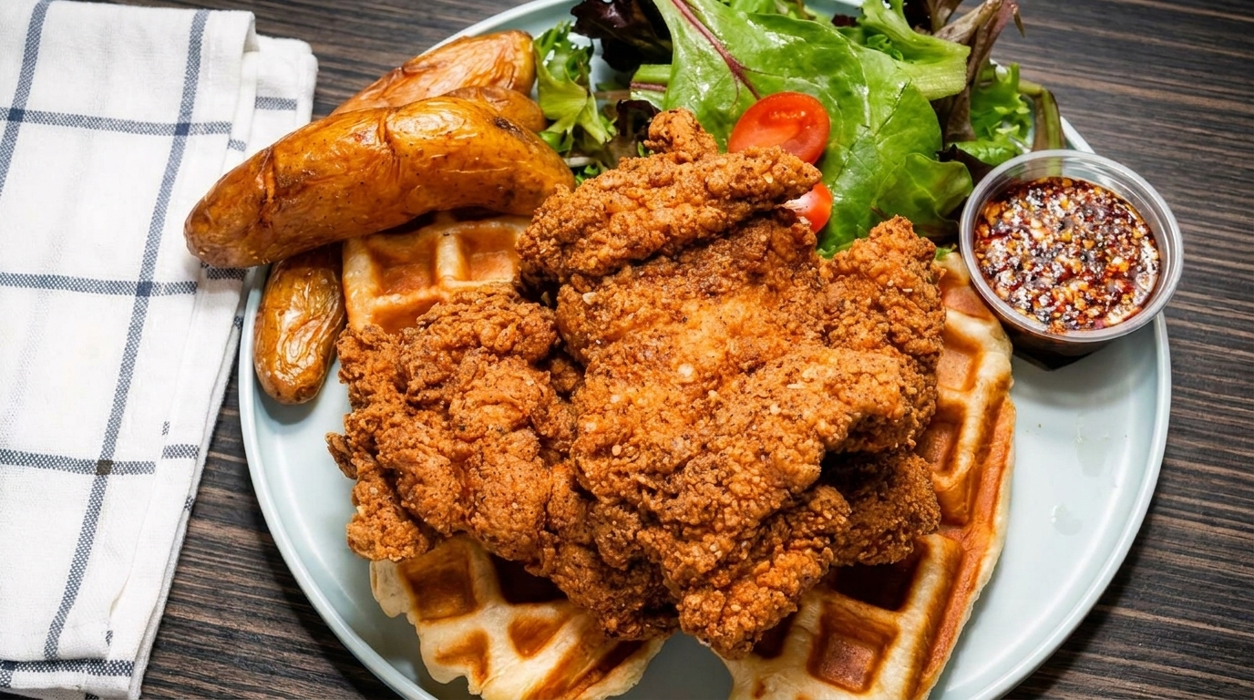 Crispy fried chicken and waffles with roasted potatoes, a side salad, and chili oil.