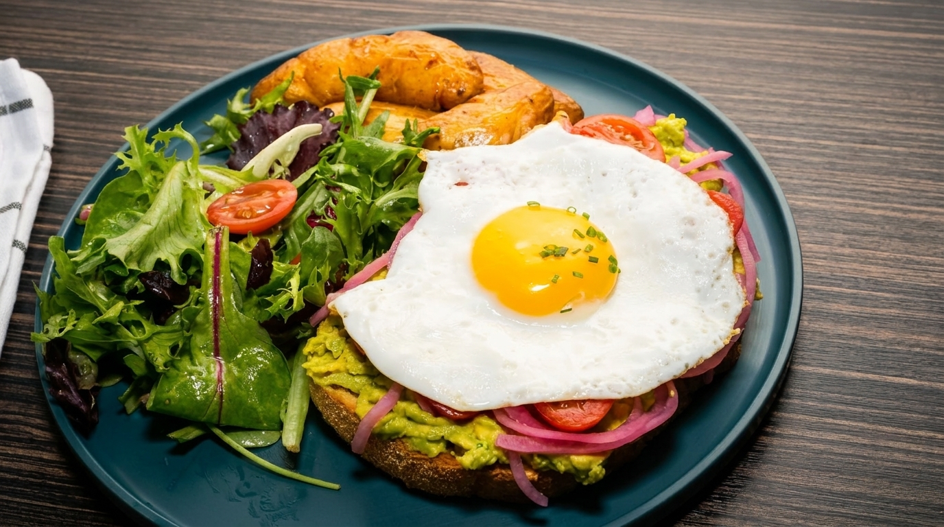 Avocado toast with a fried egg, pickled onions, cherry tomatoes, side salad, and roasted potatoes.