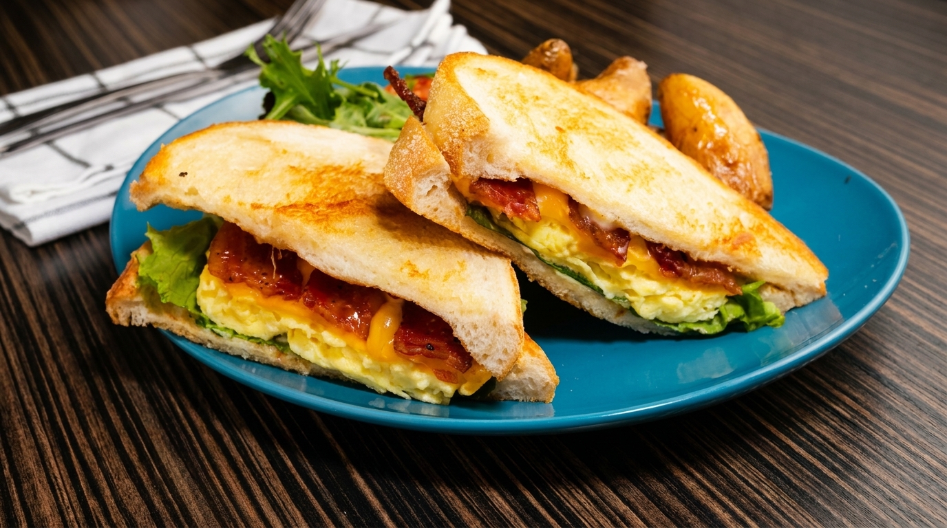 A breakfast sandwich with scrambled eggs, cheese, bacon, and lettuce, served with potatoes and greens.