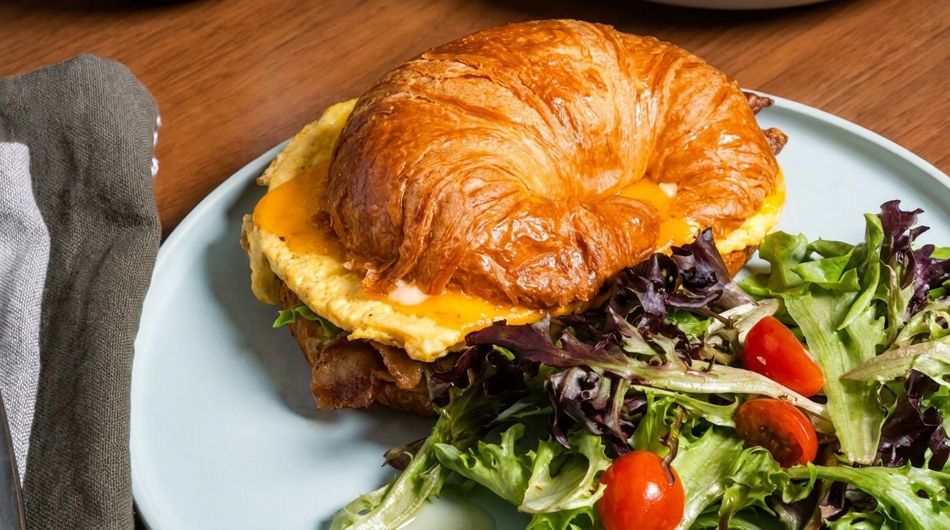 Golden croissant breakfast sandwich with egg, cheese, and bacon, served with a side salad.