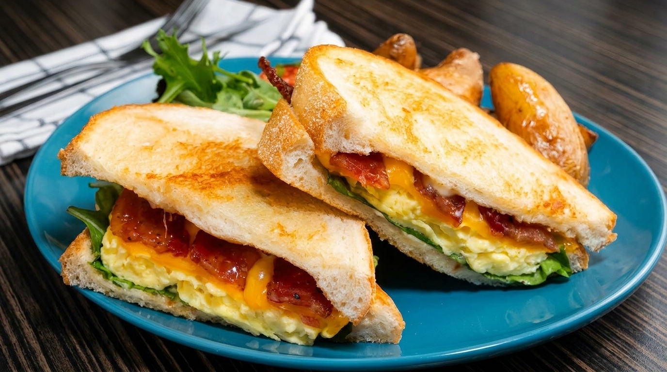 Two halves of a breakfast sandwich with egg, bacon, and cheese, served with potatoes and greens.
