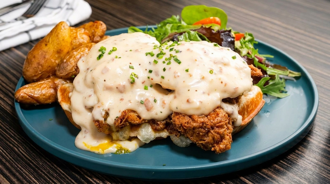 Fried chicken and waffles topped with gravy and chives, served with roasted potatoes and a side salad.