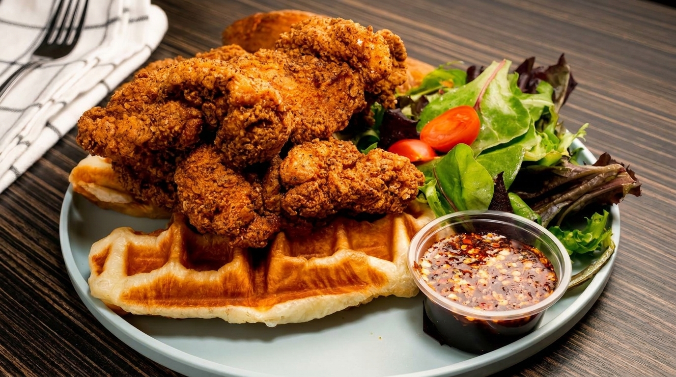 Crispy fried chicken pieces on a waffle, with a side salad and chili dipping sauce.