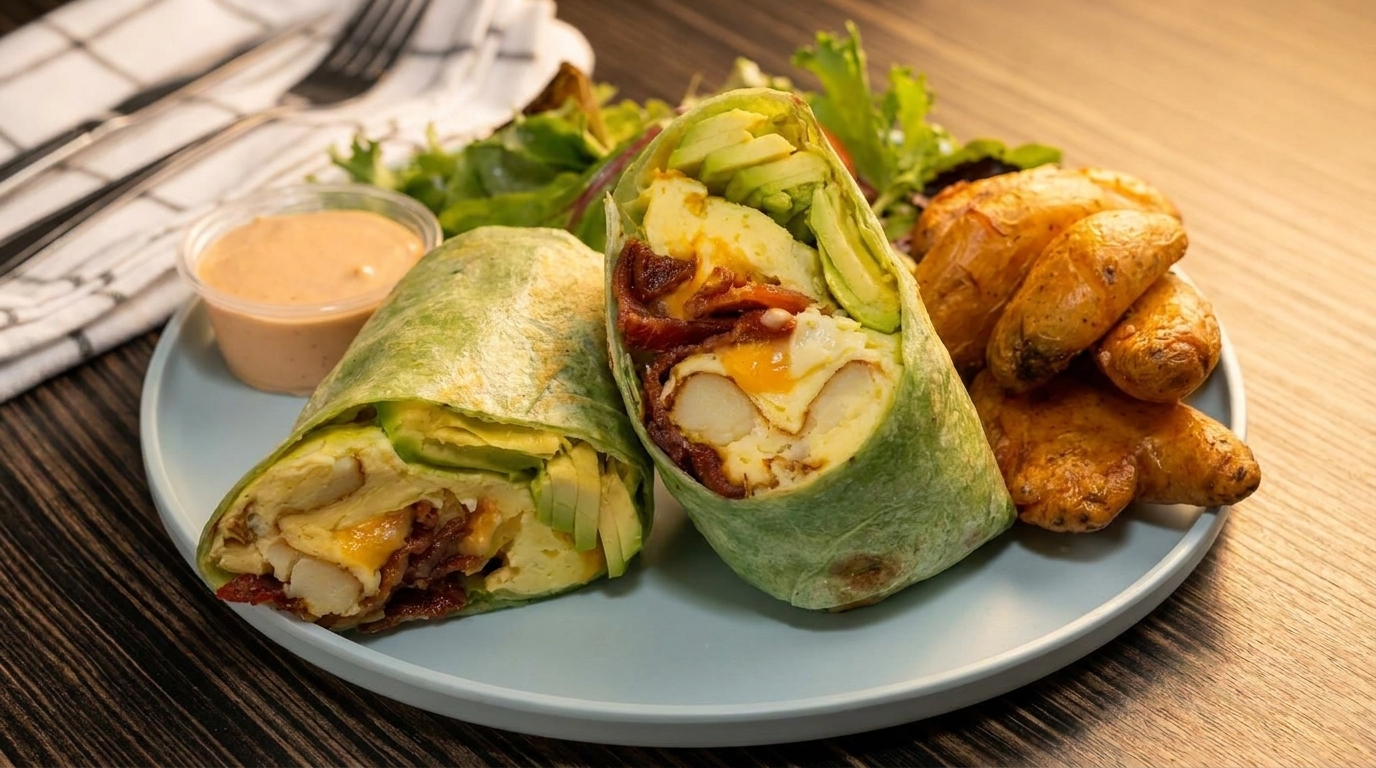 Two breakfast burritos with bacon, eggs, cheese, and avocado, served with roasted potatoes and sauce.