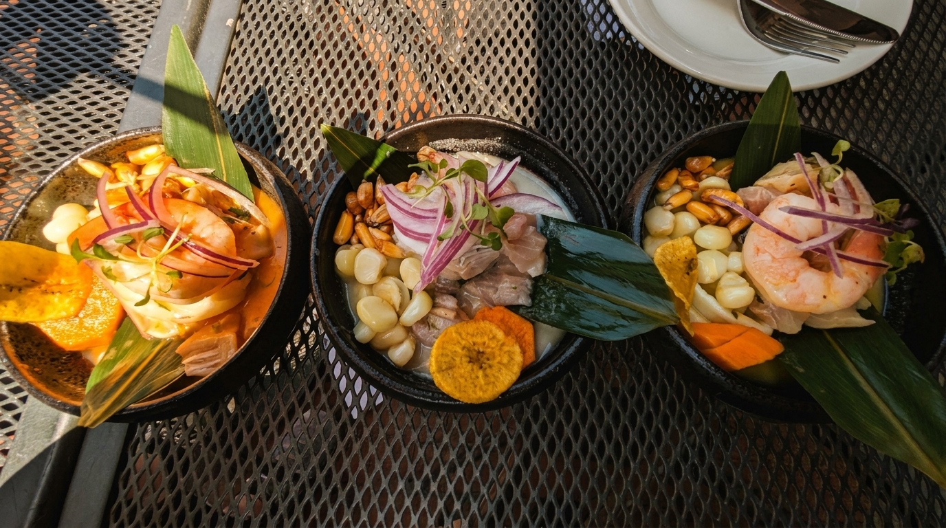 Three bowls of ceviche with shrimp, fish, corn, and plantain chips on a metal table.