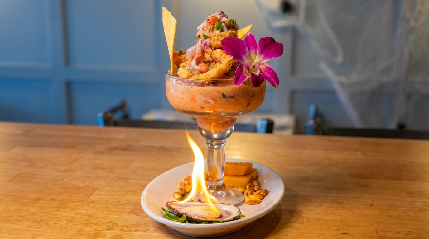 Ceviche cocktail in a margarita glass with a purple orchid, served with a flaming oyster.