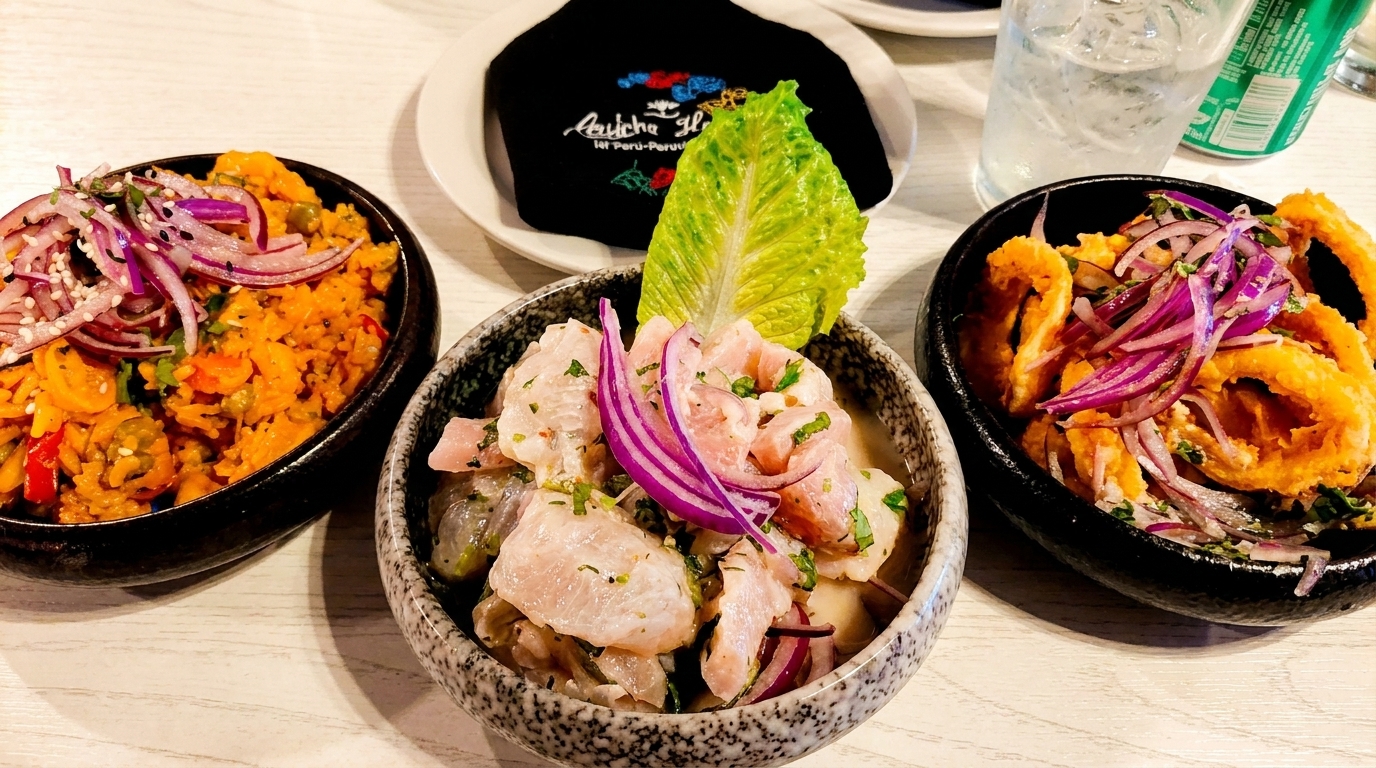 Three bowls of Peruvian dishes: arroz con mariscos, ceviche, and fried calamari with red onions.