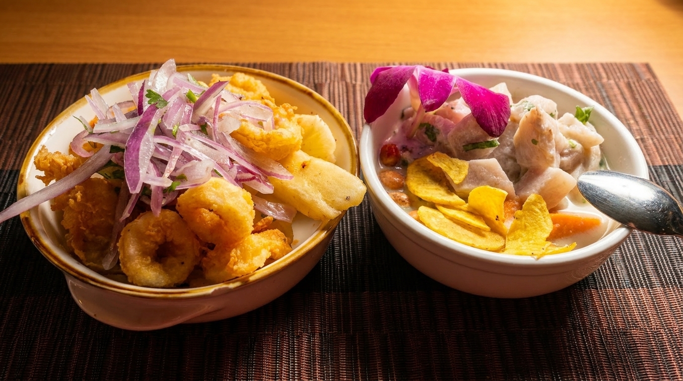 Two bowls of Peruvian food, one with fried calamari and red onions, the other with ceviche and plantain chips.