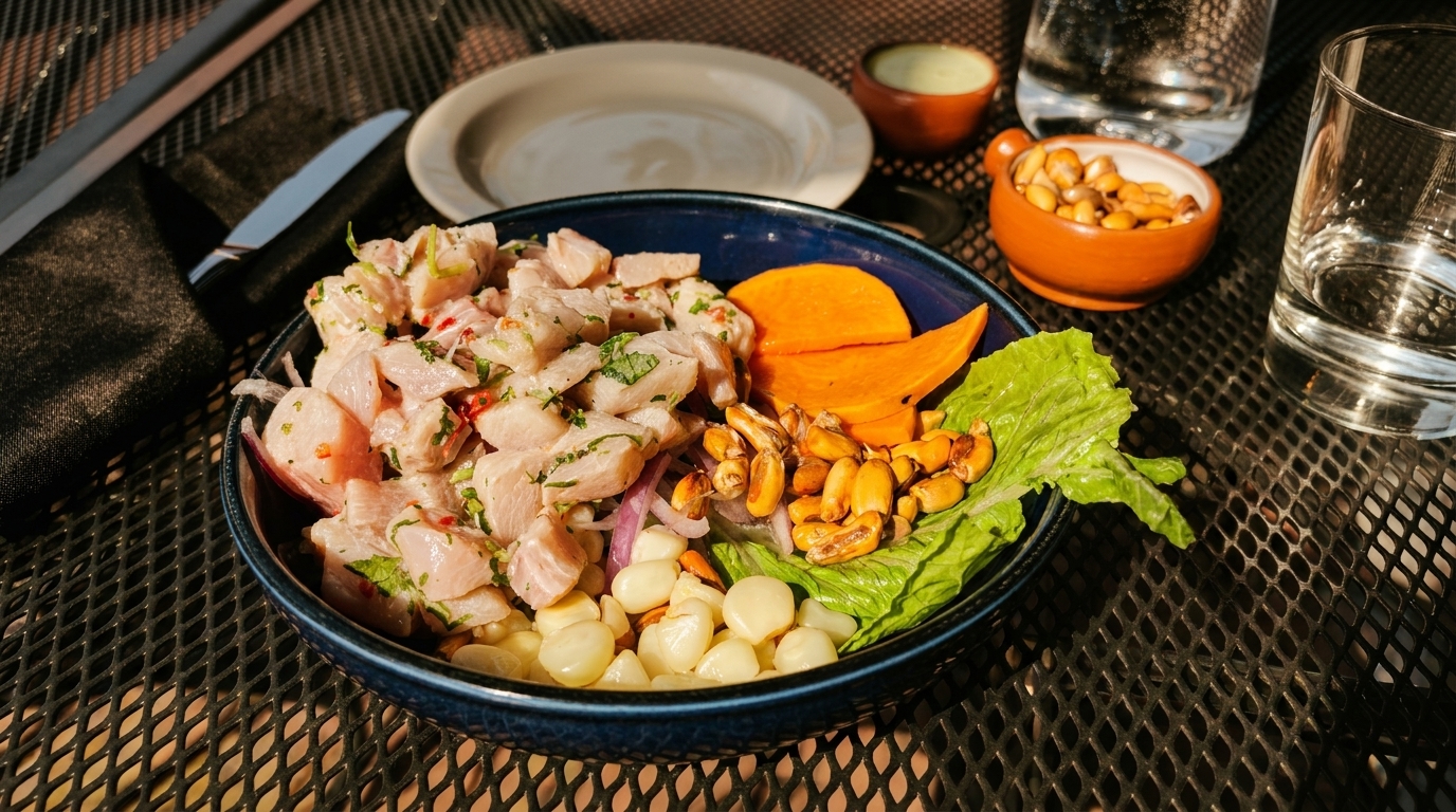Peruvian ceviche with fish, sweet potato, corn, and lettuce on a dark outdoor table.